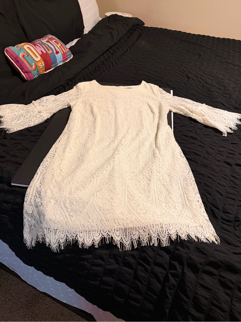 Ronni Nicole Cream Lace Fringe Formal Dress